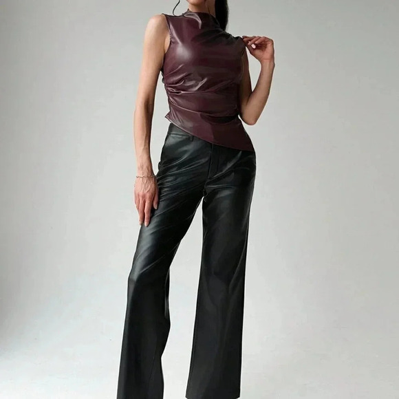 Wine Red Preppy Women's Motorcycle Solid PU Asymmetric Ruched Waist Tank Top - Picture 4 of 5